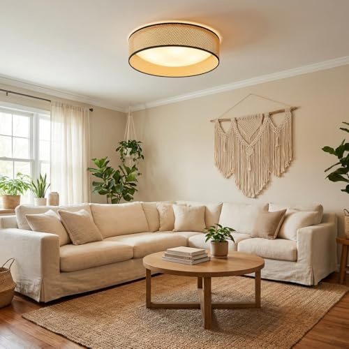 Alpinaluz Runde LED-Deckenleuchte 30W CCT 3000K-6000K Natürlicher Geflochtener Rattan-Schirm Ø40 cm Nordischer Boho-Stil Dekorative Beleuchtung für Wohnzimmer Schlafzimmer
