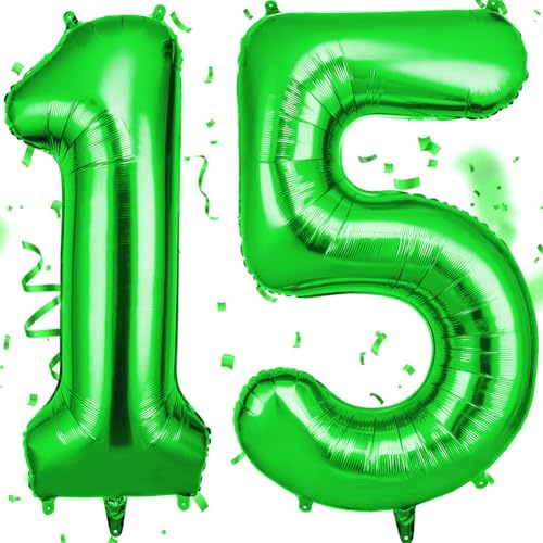 OFFCUP Heliumballonger, 101,6 cm, folieballonger, årsdagsballonger, stora siffror, för födelsedag, bröllop och fest, dekorationer och festtillbehör (grön) | 15 år gammal ballong, uppblåsbar helium, 15 år gammal födelsedagsdekoration, stora ballonger för bröllopsfest
