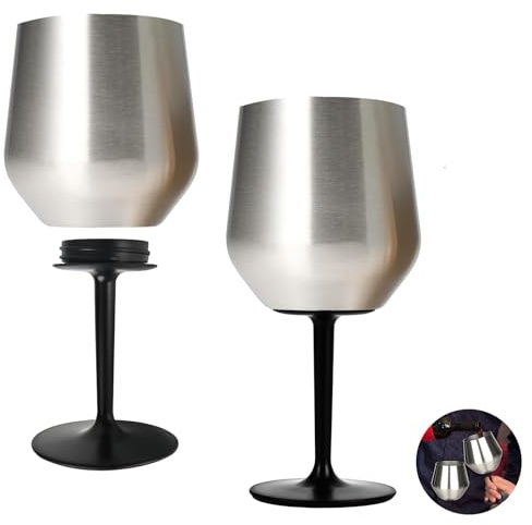 Vaso de vino con tallo desmontable y sin tallo, copa de vino de acero inoxidable de 420 ml, vaso aislado portátil, irrompible e inastillable, copas de vino tinto de metal para exteriores, viajes