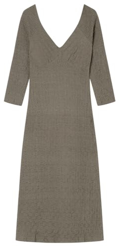 Springfield Midi Dress with Deep V Neck and Soft Gathering Under Chest Vestido con Escote En V, Caqui, L para Mujer