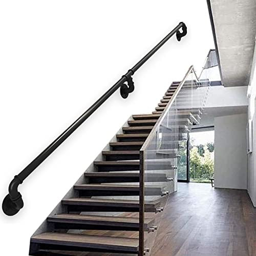 Ringhiera per scale in ferro battuto industriale moderno, regolabile da 1 m a 6 m, nero, per scale interne ed esterne, a parete, 5,1 m
