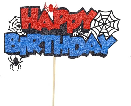 Gleevio Spinne Tortendeko Geburtstag Kinder,Spinnennetz Cake Topper Geburtstag,Glitzer Happy Birthday Tortendeko Schwarz Rot Blau,Spinne Happy Birthday Kuchen Deko Kindergeburtstag Junge und Mädchen