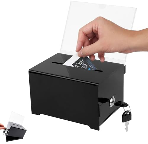 Boîte de Dons en Acrylique, Urne Électorale avec Serrure à Clé, Boîte à Dons Verrouillable en Acrylique avec Tableau D'insertion, pour Cartes de Visite, Votes, Jeux Concours, Noir