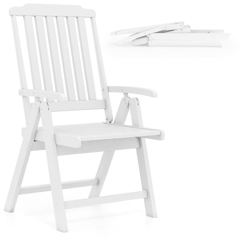 FANTASK Balkonstuhl aus Kunststoff, Gartenstuhl in Holzoptik, Hochlehner klappbar, bis 150 kg belastbar, für Garten, Terrasse, Balkon (Weiß)