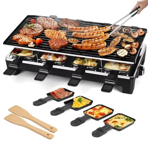TYH Parrilla Eléctrica De 1500 W, Raclette para 8 Personas, Plancha Antiadherente para Interiores, Parrilla Eléctrica Sin Humo con Temperatura Ajustable, con 2 Espátulas De Madera