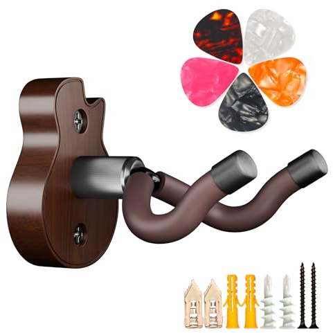Väggfäste för gitarr – U-formade vägghängare, tillbehör med 5 plektrum, gitarrhängare för akustisk gitarr, elgitarr, banjo, bas, mandolin (stil B, valnöt)