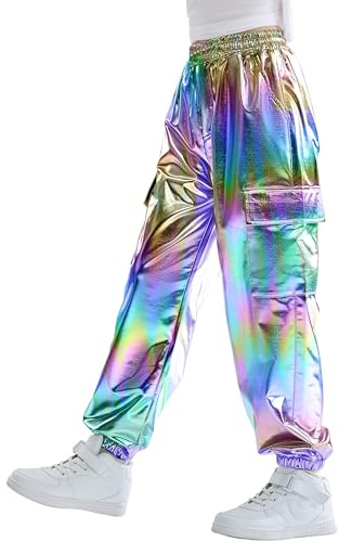 Rolanko Ragazze Pantaloni Cargo Metallizzati, Hip Hop da Ballo Streetwear con Vita Elastica per Bambini, Aurora, Taglia: 13-15 Anni/170