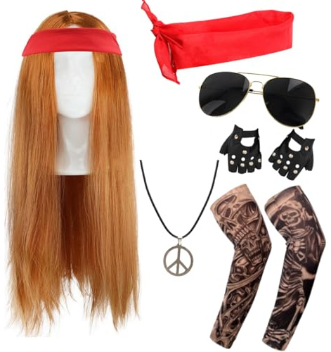 Adults Rock Star Axl Costume Accessory Set – Long Ginger Wig with Bandana, Aviator Sunglasses, Studded Gloves, Tattoo Sleeves & Peace Necklace for Fancy Dress, Cosplay & Halloween