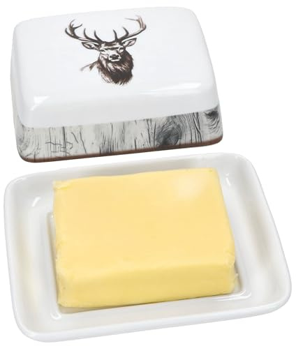 MamboCat Alois 2tlg. Butterdose mit Deckel I rechteckige Porzellan-Dose mit Hirsch-Dekor für 1 Stück Butter (250g) I Behälter zur Aufbewahrung von Butter & Margarine