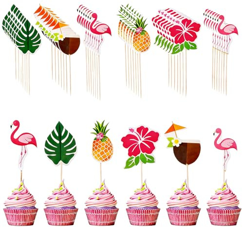 LEOINAER 72 Stück Tropische Cake Topper, ideal für Sommergeburtstagsfeiern, Hawaii-Party oder Tropische Themenpartys – Enthält Flamingo, Ananas, Palmenblätter, Hibiskusblüten, Kokosnüsse – Perfekte D