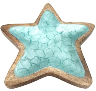 Bandeja Decorativa en Forma de Estrella, Madera de Mango, Escamas Turquesa, 15, 22 o 25 cm, Plato Artesanal (22cms)