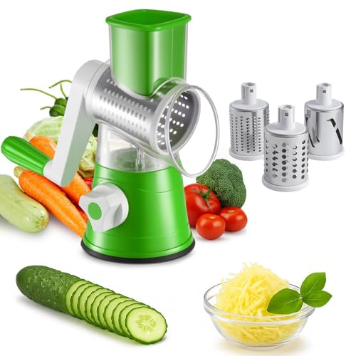 SUNNYNEST Rotary Cheese Grater Rotary Vegetable Slicer Manual Round Mandoline Vegetable Slicer with 3 Interchangeable Blades for Potato, Carrot, Garlic, Walnut (Green)