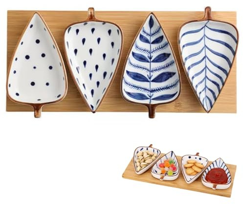 Siocok Ceramic Condiment Appetizer Set, Dip Set Snack Bowl, Ceramic Leaf Shape Pinch Bowl, Serving Platters, with Wooden Tray, for Dessert, Snack, Chips and Dip, Fruits, appetizers, Candy and Snacks