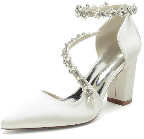 HFWXYSA Scarpe da Sposa da Donna Punta Chiusa 8.5cm Tacco Grosso Scarpe da Sposa in Raso con Strass Cinturino alla Caviglia,Avorio,39 EU