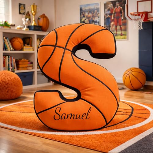 LNG Boutique Personalized Basketball Letter Pillow with Name, Custom Initial Cushion, Sports Nursery and Kids Room Decor, Soft Plush Alphabet Throw Pillow, Present for Boys, Basketball Lover Bedroom