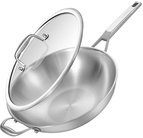 Inqibee 34CM Tri-ply Stainless Steel Wok Pan with Lid | Flat Bottom Stir-Fry Wok, Ergonomic Handle, Induction Compatible, Uniform Heat Kitchen Cookware