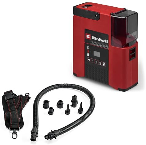 Einhell sladdlös SUP-pump SUPPERO 18/380 PXC (18 V, Inflation + Deflation, max. 1,38 bar/20 PSI, max. 380 l/min, auto-stopp, bärrem, inkl. sju adaptrar, utan batteri)