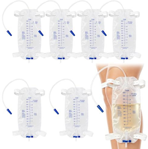 6 Stück 1000ml Urinbeutel Beinbeutel mit 30cm Schlauch, Urinbeutel katheterbeutel mit Anti Reflux Ventil Ablass und Stoffbänder, Katheter Beinbeutel Urindrainagebeutel, Urinbeutel bei Inkontinenz