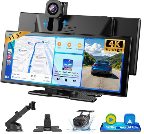 ESSGOO Pantalla Coche 11 Pulgadas con Carplay y Android Auto Inalámbrico con 4K Cámara Frontal Giratoria de 360°,Trasera 1080P,IPS Táctil,Bluetooth 5.3,Mirror Link,Control por Voz