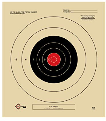 25 Yard Slow Fire Pistol Target, Official NRA Target B-16, Bullseye Target, Archery, Gun, Rifle, Pistol, Airsoft, BB Gun, Air Rifle (100 Target Pack, Red Center)