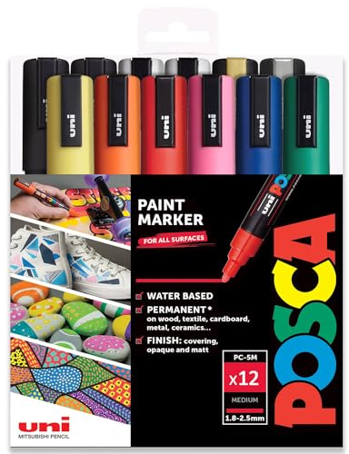 Uni Posca PC-5M Paint Pen Art Marker-Stift, professionelles Set mit 12 Stiften, extra schwarz und weiß