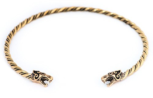 Wikinger Torques Halsreif mit Wolfsköpfen – Schmaler Viking Halsreif im Mittelalter Stil – Nordischer Schmuck in Bronze für Damen