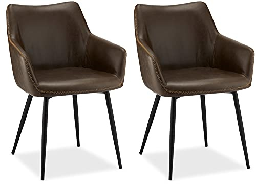 Furnhouse Maria Esszimmerstühle mit Armlehne 2er Set Braun – Kunstleder Dunkelbraun, Skandinavisches & Industrial Design, Metallgestell, Gepolstert & Modern