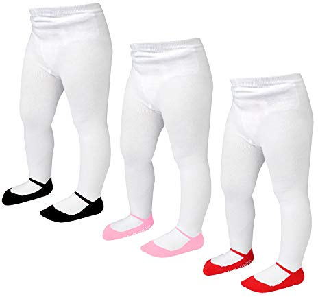 EPEIUS Little Girl Tights Toddler Girl Seamless Non Slip/Skid Grip Leggings Cotton Rich Footed Pants Stockings for 2-4 Years,3 Pair Pack,Black/Red/Pink