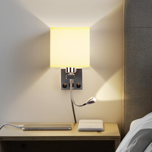 ALLOMN Applique de Chevet, Applique de Lecture à LED Applique Murale Moderne en Chrome Poli avec Projecteur Ajustable à col de Cygne, Interrupteurs Doubles, Avec Port USB pour Charger E27 (USB 2 PCS)