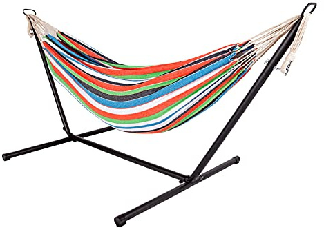 Outdoor Doppel Hängematte mit Gestell - 285x120x110 cm - Stabhängemate für 2 Personen - bis 150 Kg belastbar (Vibrant Striped)
