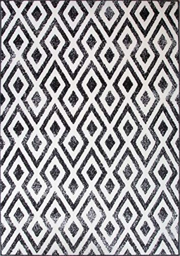 Hardwearing Monochrome Black and White Diamond Trellis Rug Soft Plush Aztec Geometric Ombre Living Room Area Bedroom Hallway Rugs 160cm x 230cm