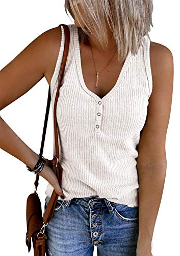 Saodimallsu Damen Tops Ärmellose V-Ausschnitt Casual Tank Tops Lockerer Knopfverschluss Henley Shirt Weiß L