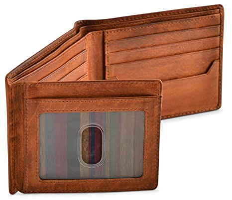 BULL GUARD RFID Blocking Bifold Wallets for Men, Brown Full Grain Leather Credit Card Wallet with 2 ID Windows Premium Security and High Capacity