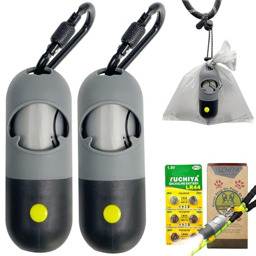 Dog Poop Bags Holder with LED Flashlight|Pet Waste Bags Dispenser for Leash|Doggie Potty Bags Container with Leak-proof Pet Trash Bags and Accessories (2 Holders 30 Bags, Grey and Black)