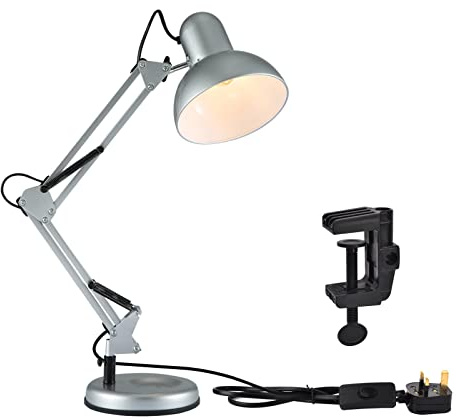 TEKLED Architect Swing Arm Desk Lamp with Base & C-Clamp, Adjustable E27 Table Light for Home Office, Silver (Bulb Not Included)