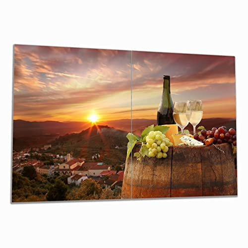 Wallario Herdabdeckplatte/Spritzschutz aus Glas, 2-teilig, 80x52cm, für Ceran- und Induktionsherde, Wein Romantik - Weißwein mit Käse auf einem Fass