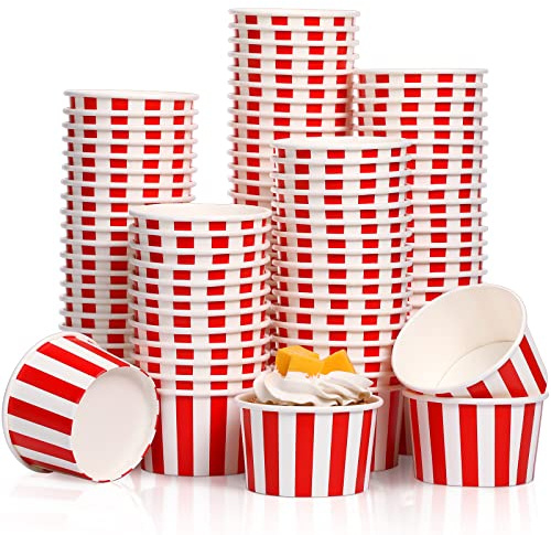 Potchen 200 Stück Papier-Eisbecher, 156 ml, rot-weiß gestreift, Einweg-Eisbecher, Joghurt, Dessert, Suppe, Becher für Popcorn, Snacks, Leckereien, Zirkus, Karneval, Mottoparty-Dekorationen