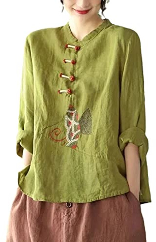 Chahuer Camicia Stile Etnico Rana Cinese da Donna Camicia in Lino Cotone a Maniche Lunghe con Ricamo Letterario Primavera Autunno Verde XL