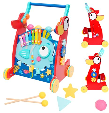 Lauflernhilfe, 2-in-1 Holz Baby Lauflernwagen mit Gummibereifung, Baby Lauflernhilfe mit 10 Interaktive Aktivitäten,Montessori-Holzspielzeug, Gehfrei Baby ab 6 Monate