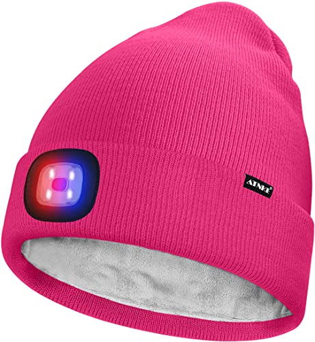 ATNKE Unisex LED Mütze mit Licht,Wiederaufladbare USB 4 LED Rot und Blau Leuchten Blinkender Laufmütze Lampe Warme Gefüttertes Fleece Stricken Mütze für Herren und Damen Geschenke/Rose Red