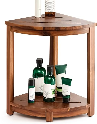 HOLANA 45,7 cm Holz-Eck-Duschbank & Eck-Duschhocker mit Ablage, Fußstütze für Rasierbeine, Badewannentreppe für kleine Räume, perfekt für drinnen oder draußen (Akazie)