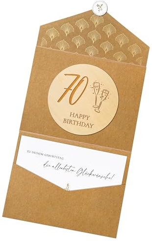Joli Coon Geburtstagskarte 70, mit Klappkuvert und Siegelaufkleber | Strukturiertes Designerpapier, gravierte Holzscheibe, Natur-Klappkuvert, für persönliche Geburtstagswünsche