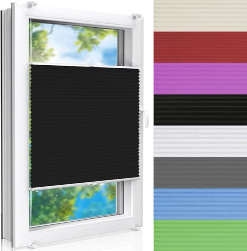 Plissee ohne Bohren 50 x 70 cm Verdunklungsplissee Verdunkelnd & lichtundurchlässig inkl. Befestigungsmaterial für Fenster und Tür, Schwarz