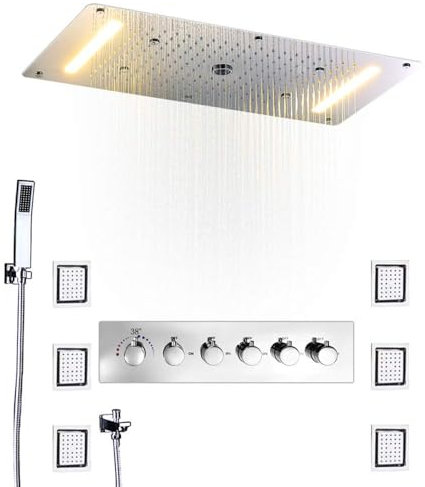 Thermostatic Shower System Embed Ceiling Rainfall Massage Spray Led Electric Power Bathroom 5 Way Conceal Install