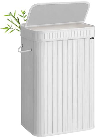 SONGMICS Wäschekorb mit Deckel, Bambus, 72 Liter | Wäschesammler, Wäschesack herausnehmbar und maschinenwaschbar, mit Griffen, Weiß, RONEX Kollektion LCB061W01