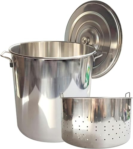 Truthahn-Fritteuse aus Edelstahl, großer kommerzieller Suppentopf für Meeresfrüchte, Langusten, Krabben, zum Kochen mit Siebkorb und Deckel zum Kochen im Freien und zum Brauen zu Hause, Silber/