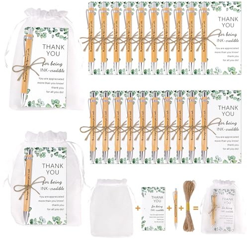 20 Sets Dankeschön-Geschenk, Motivationsstifte, Mitarbeiter-Wertschätzungsgeschenke, inspirierende, personalisierte Bambus-Kugelschreiber mit Dankeskarten, Organza-Beutel für Kollegen, Lehrer