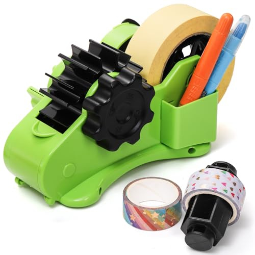 DEAYOU Multi-Roll Heat Tape Dispenser, 1 and 3 Double Reel Cores Sublimation Tape Dispenser for Pre-Cut Heat Transfer Tape, Semi-Automatic Desk Packaging Tape Dispenser with Compartment Slot, Green