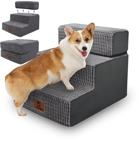 Sytopia Haustiertreppe 3 Stufen, Hochelastischer Schwamm, Waschbar Bezug, Hundetreppe für Kleine Hunde und Katzen, Katzentreppe Hunderampe für Bett, Sofa, Couch, Grau
