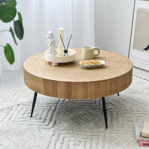 Zouron Lot de 1 Table Basse Ronde en pin,avec Pieds en Fer,Salon Table de canapé en placage de Sapin,（L60*P60*H42） cm,Vintage Brun